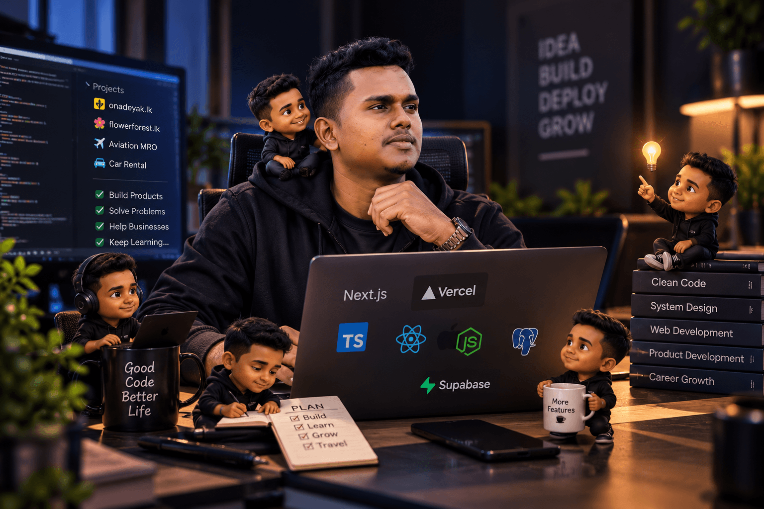 Thisaru Nadeeshan at his desk in front of a laptop, with small illustrated versions of himself working around him