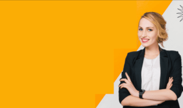 Orange banner with a smiling woman in a business jacket, used as the cover image for the cafe system