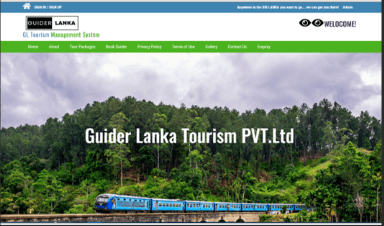 Guider Lanka Tourism home page with a train crossing green hill country and the site navigation