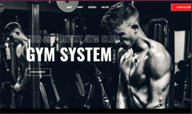 Gym system home page with a black-and-white photo of a man training and a Gym Courses button