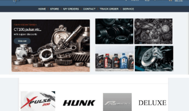 Imashi spare parts web app home page with store navigation and photos of motorbike parts and oils