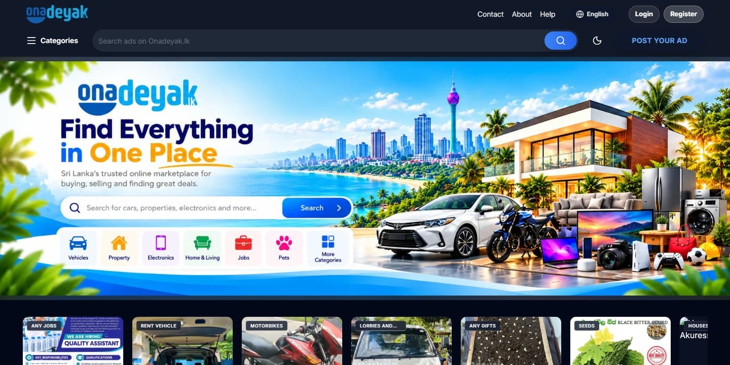 Onadeyak.lk home page showing the search bar, category shortcuts and marketplace hero banner